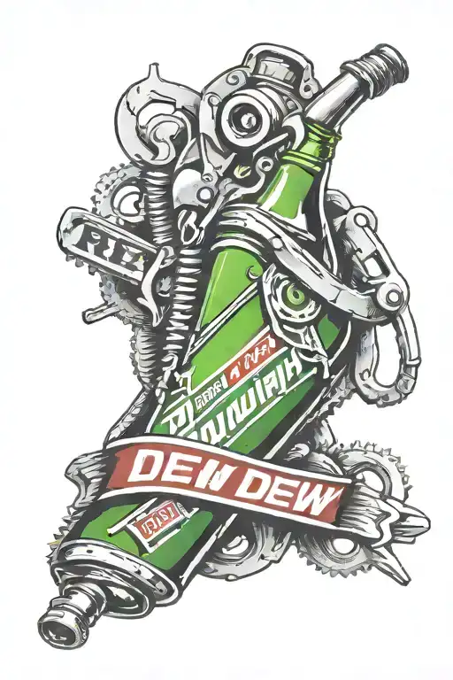 a vintage glass mountain dew bottle with a socket wrench and normal wrench on it along with the word red on the bottom tattoo design idea