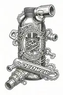 a vintage glass mountain dew bottle with a socket wrench and normal wrench on it along with the word red on the bottom tattoo design idea