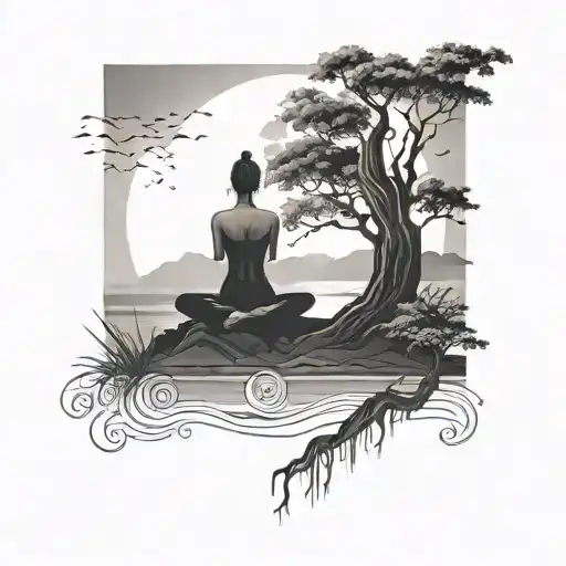 A black-grey tattoo of a serene landscape with a lone figure practicing yoga, reflecting the client's dedication to 'me time' and exercise tattoo design idea
