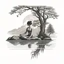 A black-grey tattoo of a serene landscape with a lone figure practicing yoga, reflecting the client's dedication to 'me time' and exercise tattoo design idea