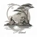 A black-grey tattoo of a serene landscape with a lone figure practicing yoga, reflecting the client's dedication to 'me time' and exercise tattoo design idea