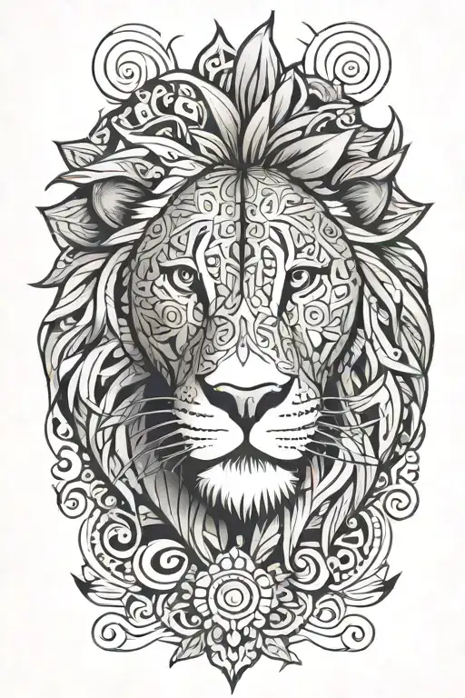 tribal with lion face in the middle on a flower tattoo design idea