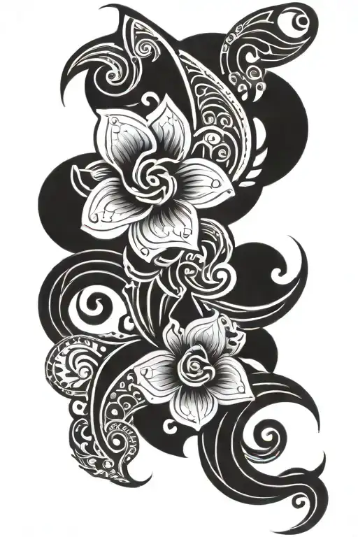 tribal with sea waves and a flower intertwined tattoo design idea