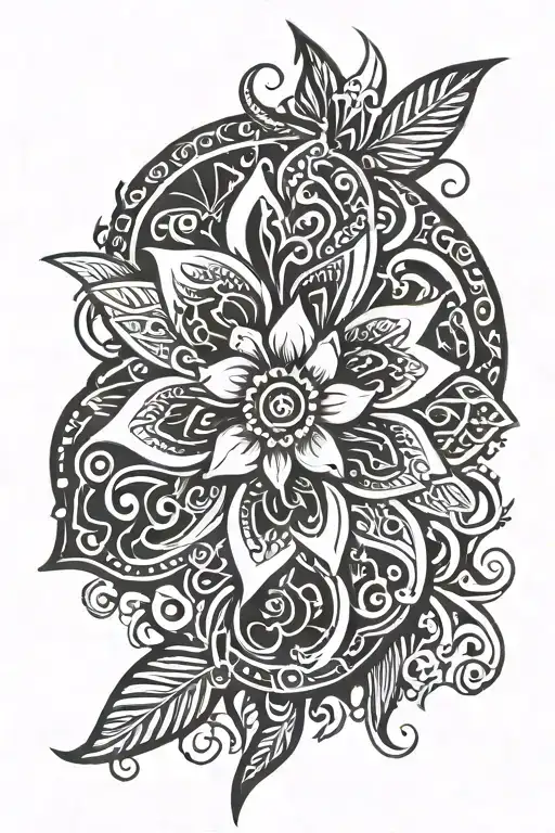 flower with sea waves and tribal tips touch from the point tattoo design idea