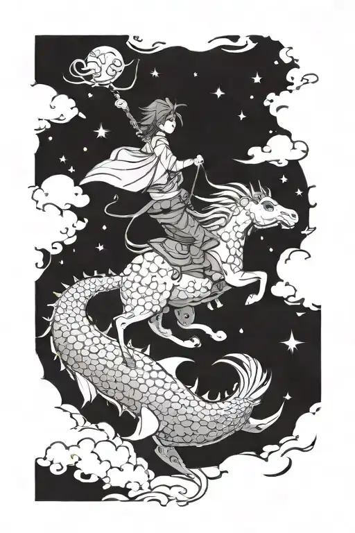 A whimsical anime character riding on the back of a magical creature inspired by marine life tattoo design idea