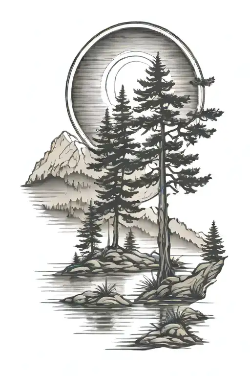 pine tree lake and sun shining tattoo design idea