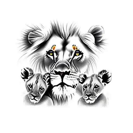 mom lion and two baby cubs  tattoo design idea