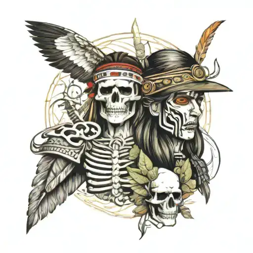 hispanic and native american warrior legends with nature, skulls, bones, trees,  tattoo design idea