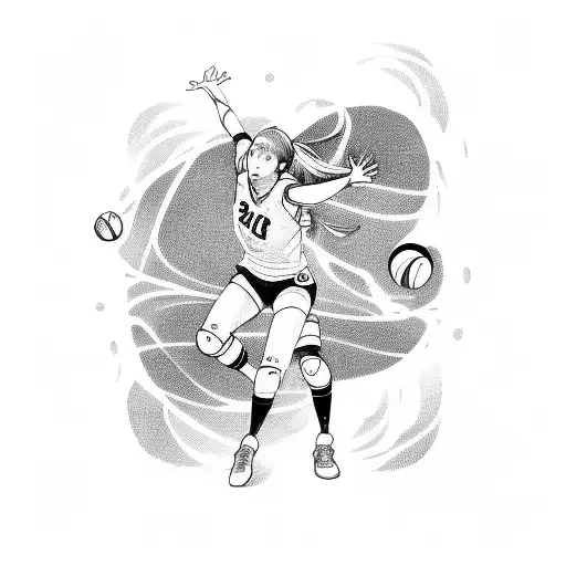 A dynamic volleyball player with J-pop inspired elements, such as bright colors and playful patterns tattoo design idea