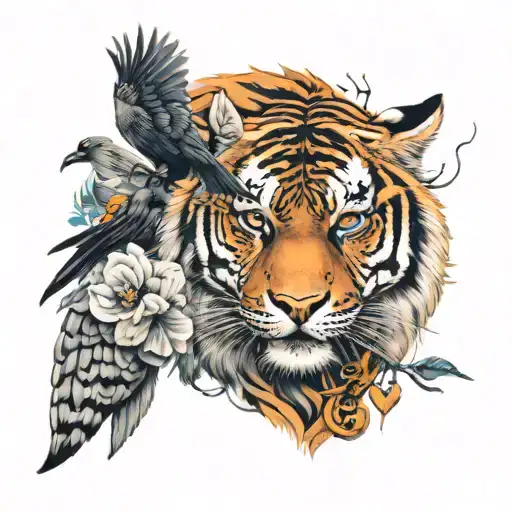 strong majestic tiger with a dove and a crow tattoo design idea