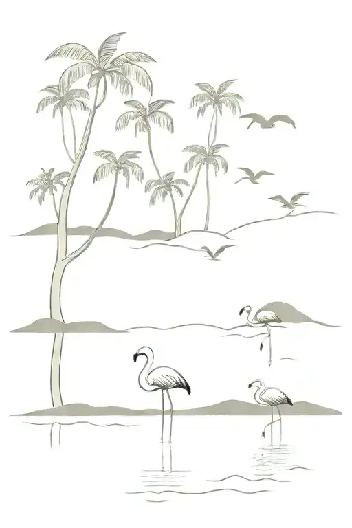 a river between mangrove trees with flamingos tattoo design idea