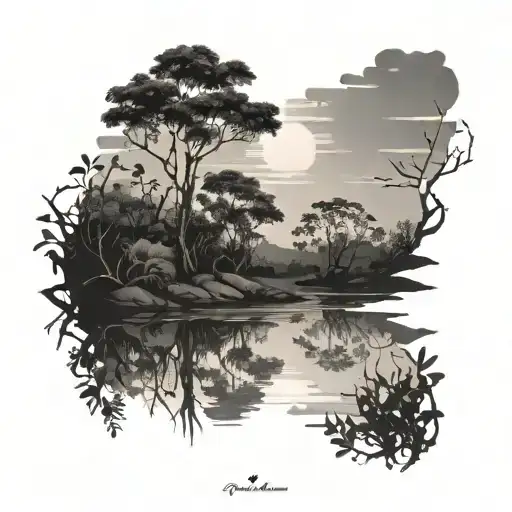 a river between mangrove trees at sunset scene tattoo design idea