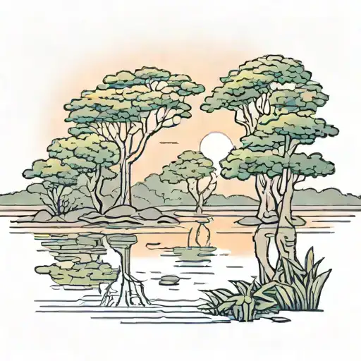 a river between mangrove trees at sunset scene tattoo design idea