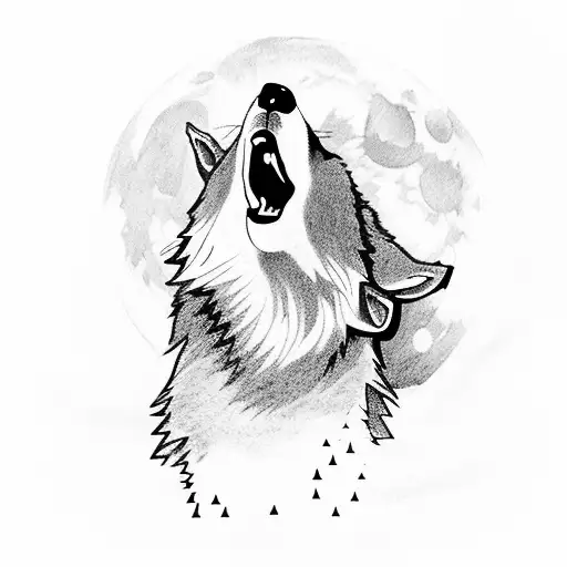 A wolf howling at the moon on a mountain peak tattoo design idea