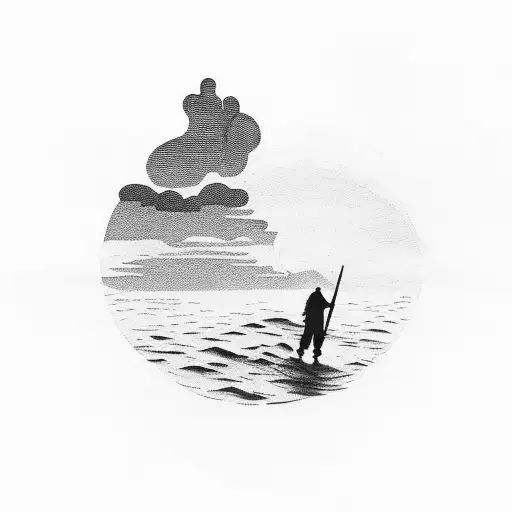 A silhouette of a hiker with a sunset over the sea in the background tattoo design idea