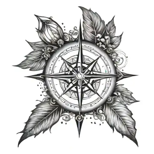 A dotwork tattoo of a compass rose with each cardinal direction symbolizing a different aspect of the client's life - hunting, fishing, family, and HVAC tattoo design idea
