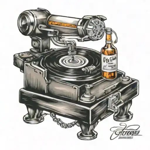 bottle of whiskey on a record player tattoo design idea