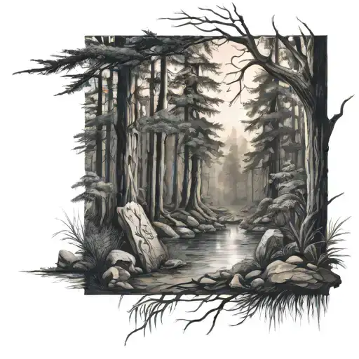 can you draw me a tattoo, i want a forest with a little sea in the middle and a gravestone inside tattoo design idea