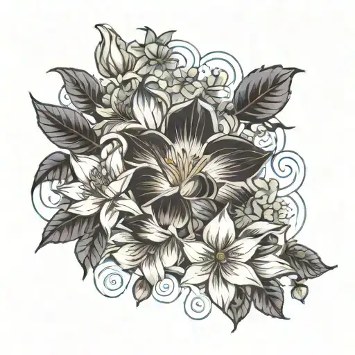 morning glory, cosmo, water lily, chrysanthemum, and holly flowers intertwined for client symbolization tattoo design idea