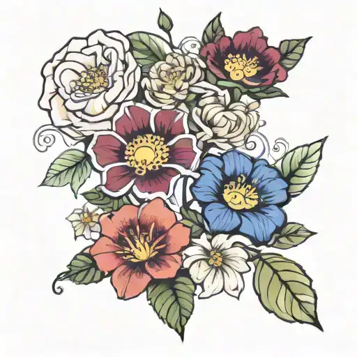 5 flowers (morning glory, cosmo, water lily, chrysanthemum, and holly) intertwined tattoo design idea