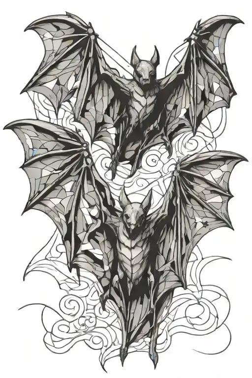 drawing of two bats flying with their wings open in different positions, the image must have extreme quality in detail tattoo design idea