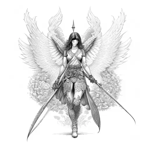 Female Angel Warrior With roses below it  tattoo design idea