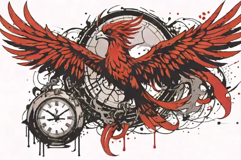 rising phoenix holding clocks with moon surrounded tattoo design idea