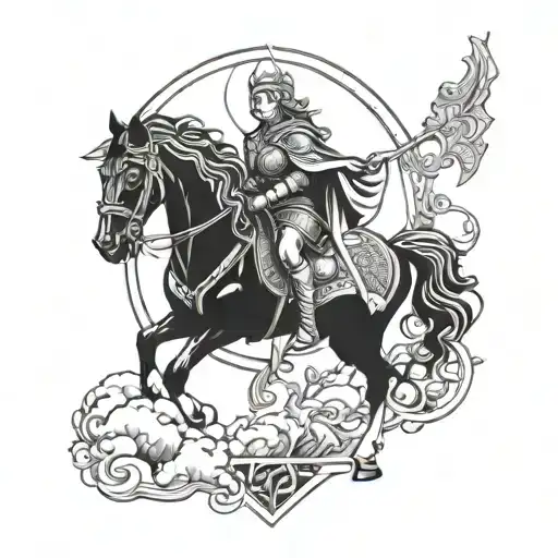 Valkyrie warrior from Norse mythology riding a black horse tattoo design idea