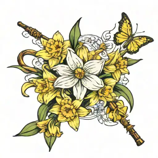 daffodils, paperwhites flowers, small musical notes, cane fishing pole  tattoo design idea