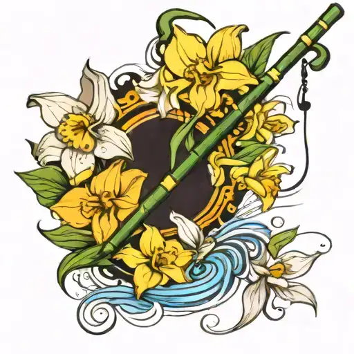 cane fishing pole with daffodils, paperwhites flowers interwind around the pole and floating musical notes  tattoo design idea