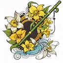 cane fishing pole with daffodils, paperwhites flowers interwind around the pole and floating musical notes  tattoo design idea