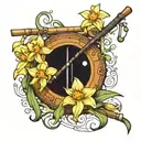 cane fishing pole with daffodils, paperwhites flowers interwind around the pole and floating musical notes  tattoo design idea