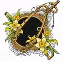 cane fishing pole with daffodils, paperwhites flowers interwind around the pole and floating musical notes  tattoo design idea