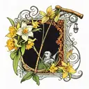 cane fishing pole with daffodils, paperwhites flowers interwind around the pole and floating musical notes  tattoo design idea