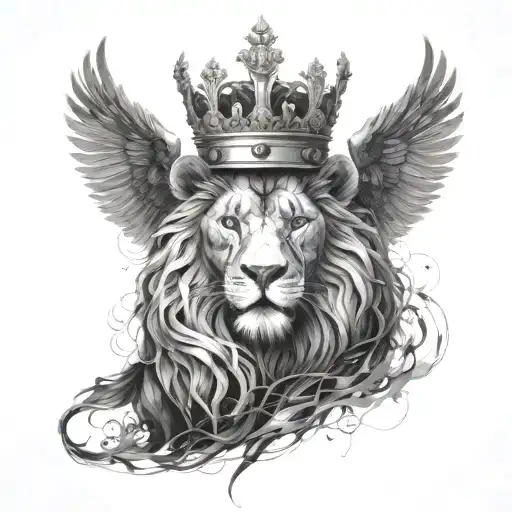 a black lion with a silver crown and a crow made of black smoke flying above him tattoo design idea