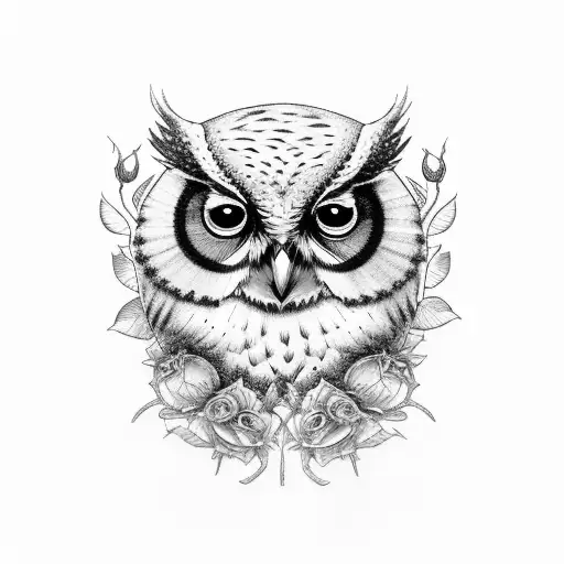 A branch of roses and an owl perched tattoo design idea