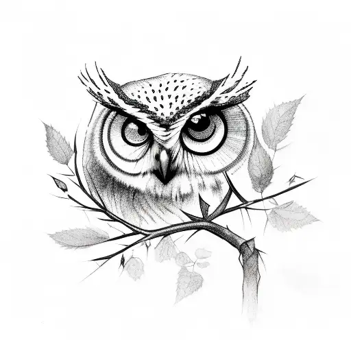 A branch of thorns with a rose and an owl perched on the branch tattoo design idea
