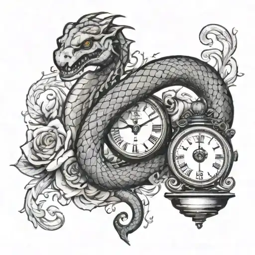 A half sleeve tattoo for the right upper arm with just black ink and no colour that involves a snake and an hourglass. tattoo design idea