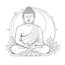 A minimalist outline of a Buddha statue surrounded by swirling snowflakes, representing peace and tranquility in nature tattoo design idea