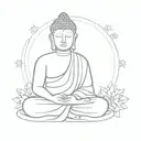 A minimalist outline of a Buddha statue surrounded by swirling snowflakes, representing peace and tranquility in nature tattoo design idea