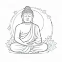 A minimalist outline of a Buddha statue surrounded by swirling snowflakes, representing peace and tranquility in nature tattoo design idea