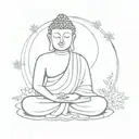 A minimalist outline of a Buddha statue surrounded by swirling snowflakes, representing peace and tranquility in nature tattoo design idea