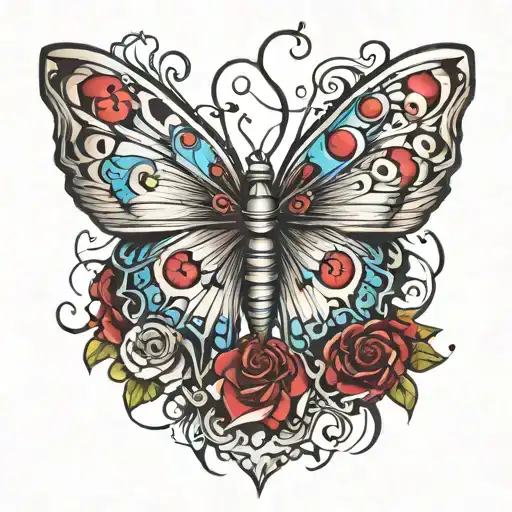 tattoo representig butterfly effect with a wing with tornado and draw with dominos falls tattoo design idea