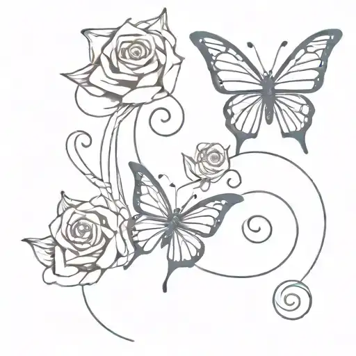 A butterfly with one wing turning into a swirling tornado, inside which there are mini roses with dominos tattoo design idea