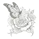 A butterfly with one wing turning into a swirling tornado, inside which there are mini roses with dominos tattoo design idea