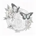 A butterfly with one wing turning into a swirling tornado, inside which there are mini roses with dominos tattoo design idea