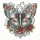 tattoo representig butterfly effect with a wing with tornado and draw with dominos falls tattoo design idea