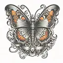 tattoo representig butterfly effect with a wing with tornado and draw with dominos falls tattoo design idea