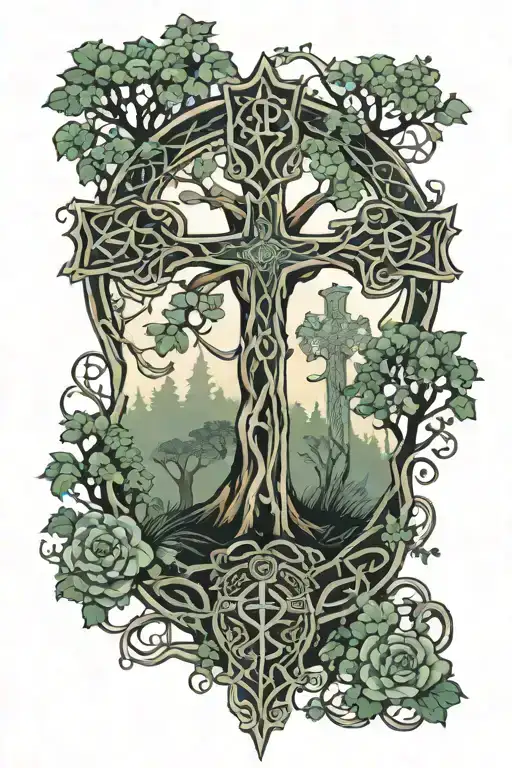 celtic cross, forest scene, tree of life tattoo tattoo design idea