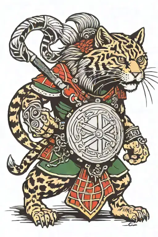 irish warrior in a kilt with a shield  whit a scottish wildcat in the background  tattoo design idea